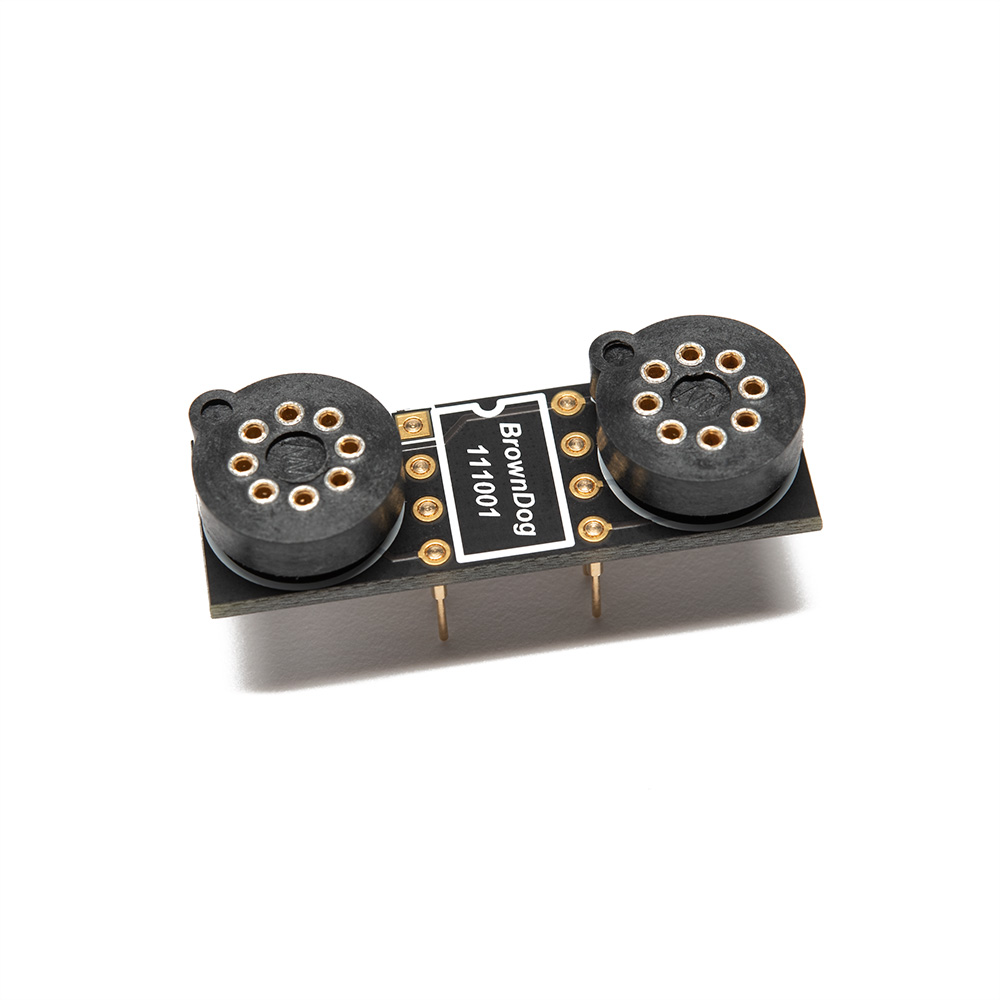 BrownDog 111001 single-to-dual op amp adapter with two TO-99 sockets installed