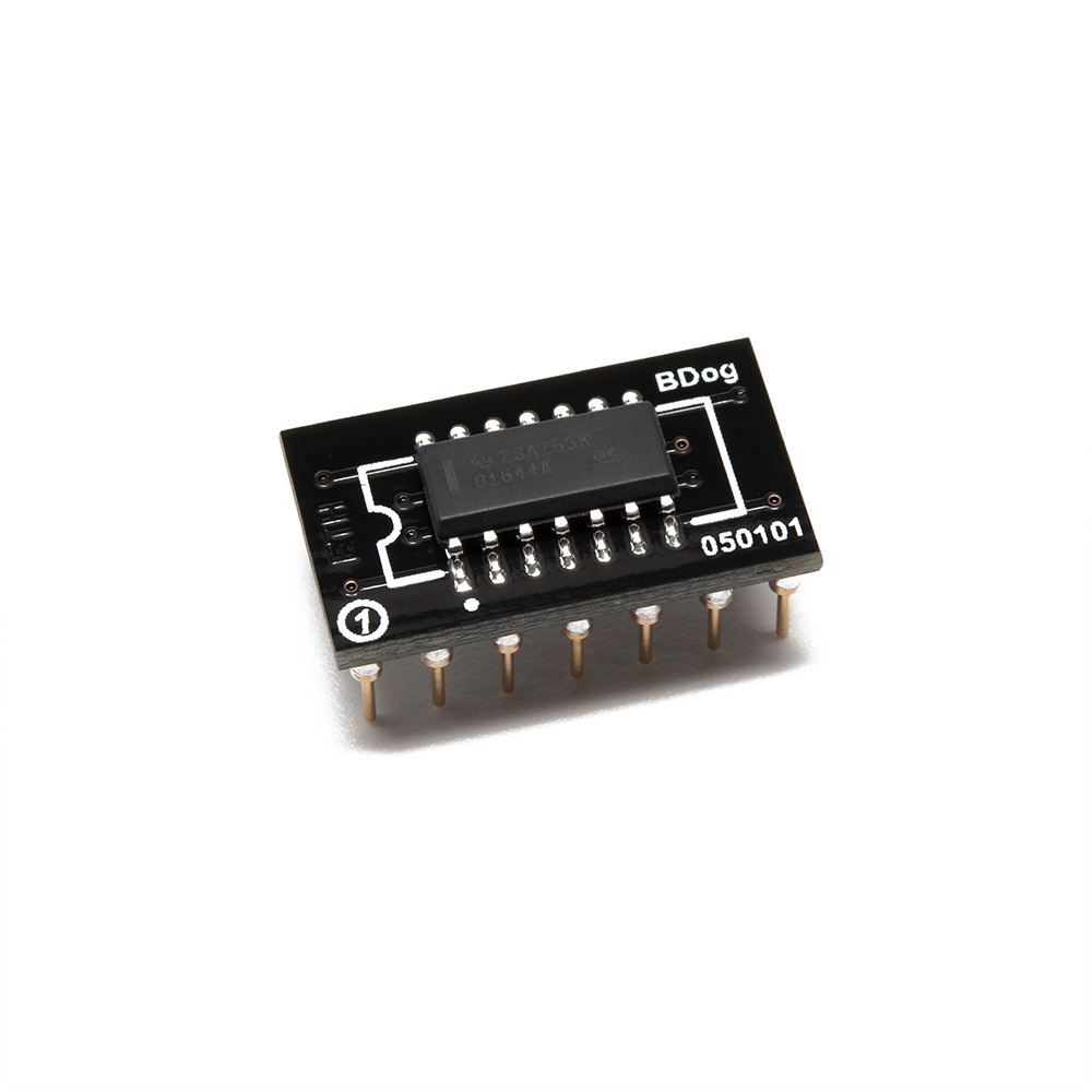 BrownDog 050101 SOIC-14 to 14-pin DIP adapter with one OPA1644 op amp installed