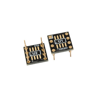 BrownDog model number 020302, single-to-dual op amp adapter for SOIC-8 op amps showing top and bottom sides